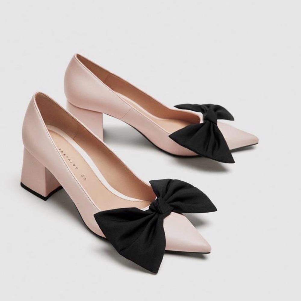 Zara Blush Pink Pointed Ballet Flats with Black Bow